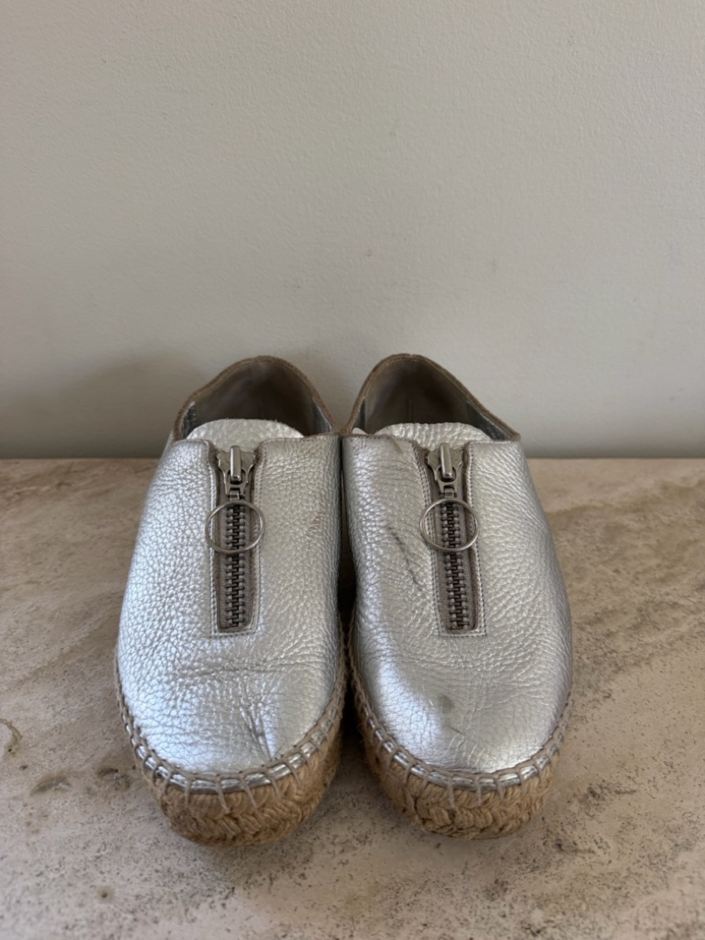 Alexander Wang Silver Leather Espadrille Slip-On Zipper Shoes